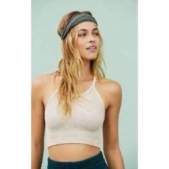 Free People FP Movement Happiness Runs Tank Top Ribbed Crop Ice Gray Taupe Tan N - Picture 1 of 7